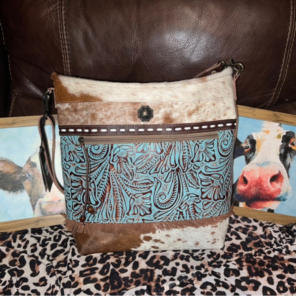 Myra shoulder bag hand tooled leather, hairon and turquoise
